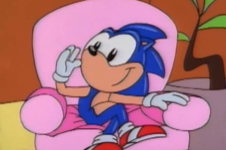 Sonic the Hedgehog in a pink armchair