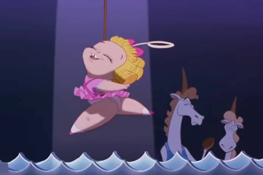 the angel dances and sings above waves as two unicorns look on concerned