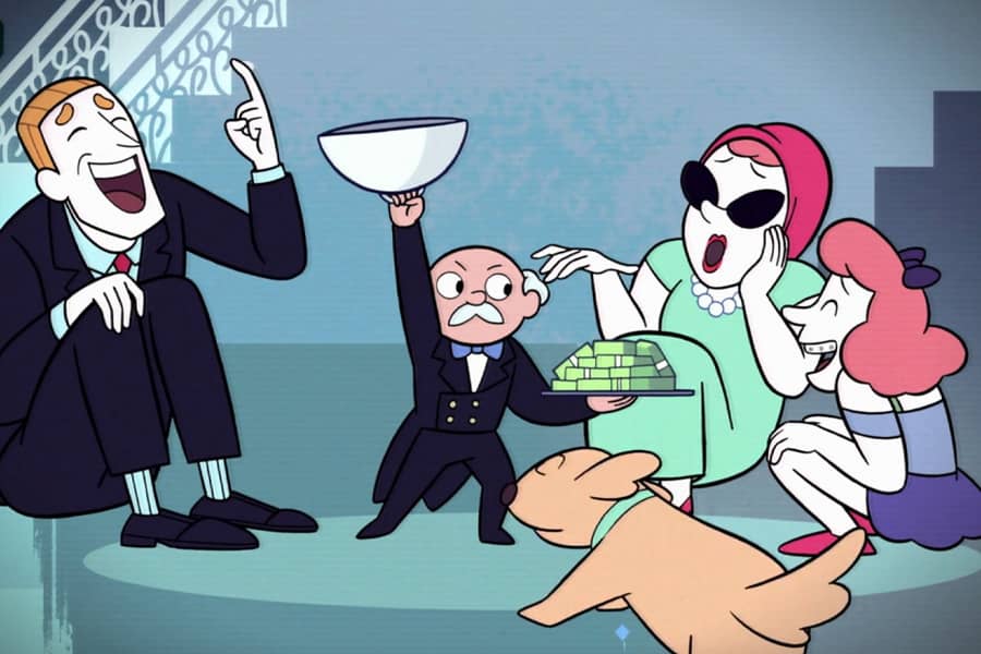 Li’l Butler lifts a cloche revealing a tray of cash, the family laughs