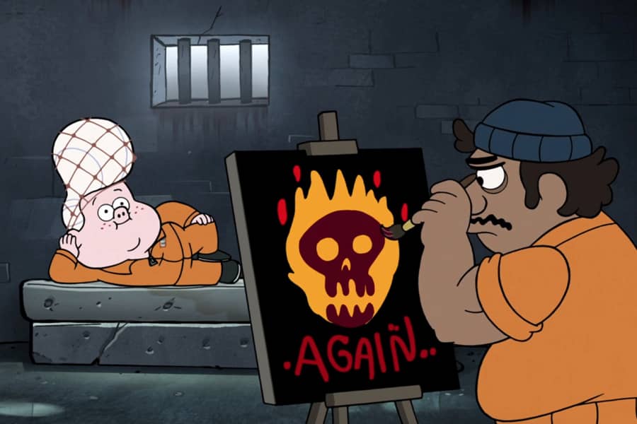 Li’l Gideon poses for a painting, but the inmate is painting a flaming skull