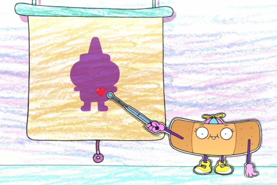 Lil’ Ouchie Boo Boo pointing at a silhouette with a heart on a display