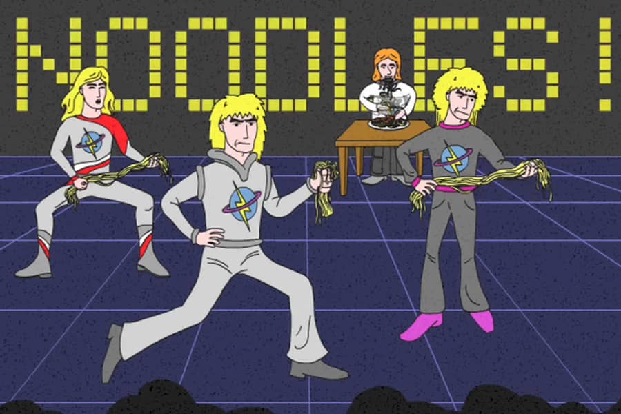 Limozeen playing a show but their instruments are noodles