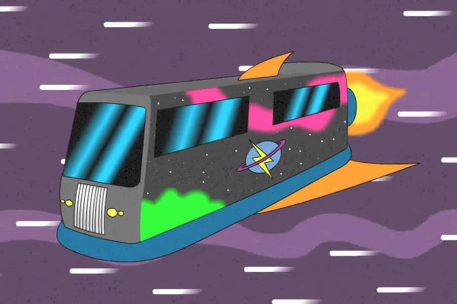 tour bus flying through space