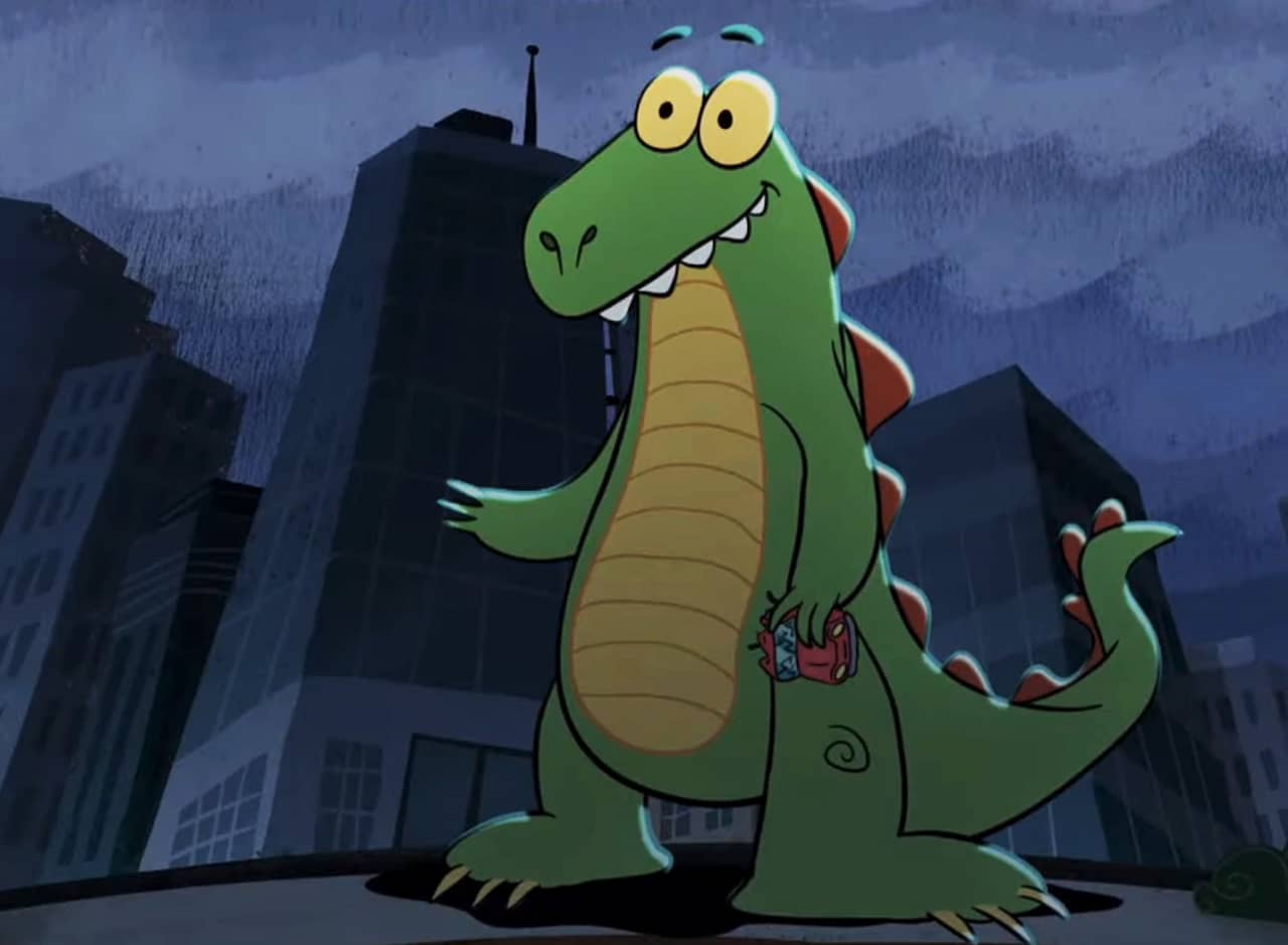 Lizardzilla, a giant dinosaur with a kind face, smiling and holding a car