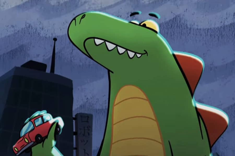 Lizardzilla from below, holding a car