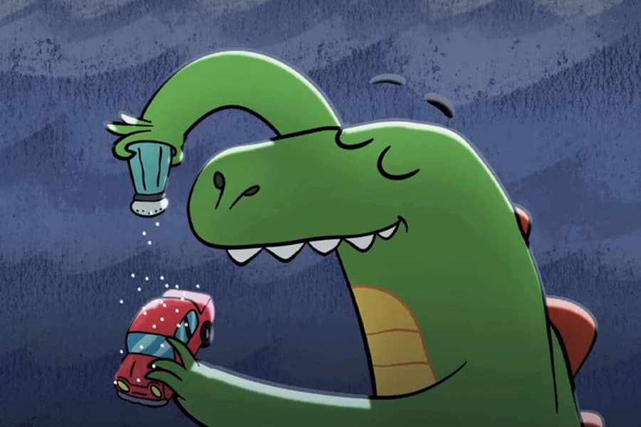 Lizardzilla sprinkling salt on the car