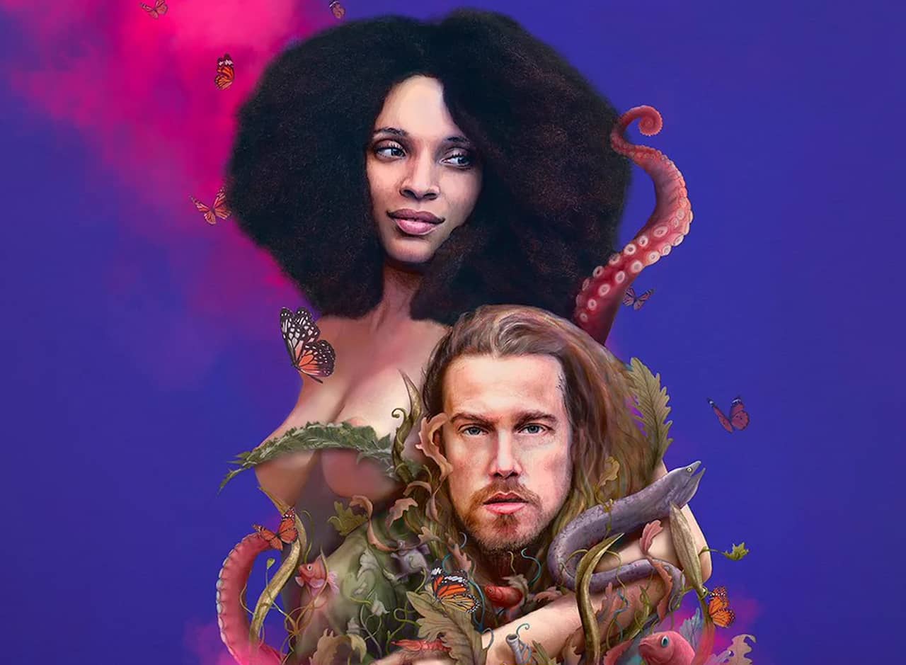 nude man and woman, who are covered by plants and animal parts including octopus tentacles