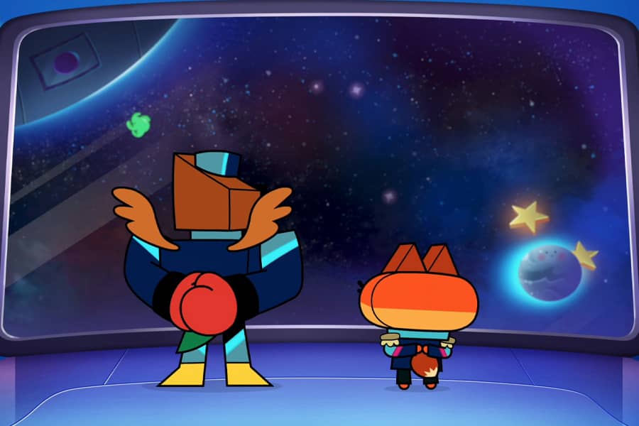 Hawkodile and Dr. Fox observe space outside the spaceship window