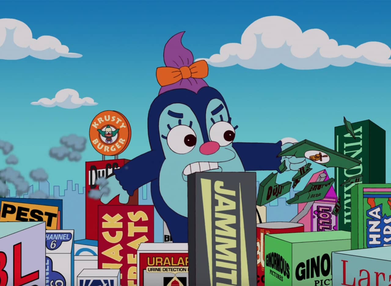 a city where every building features a corporate brand, a cute but huge monster crashes through the city