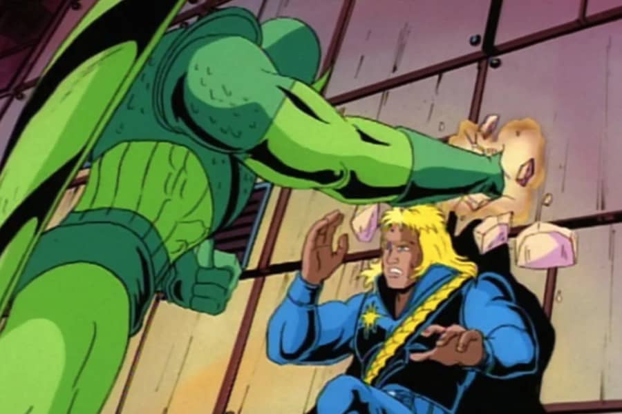 a green villain punching a wall just above Longshot’s head