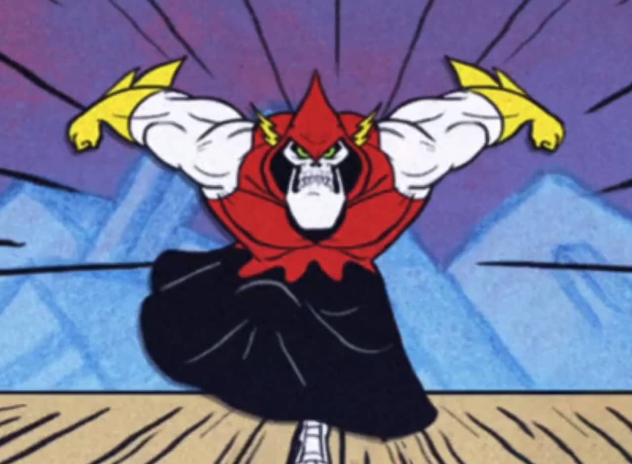 Lord Hater, a skelton man running at the camera