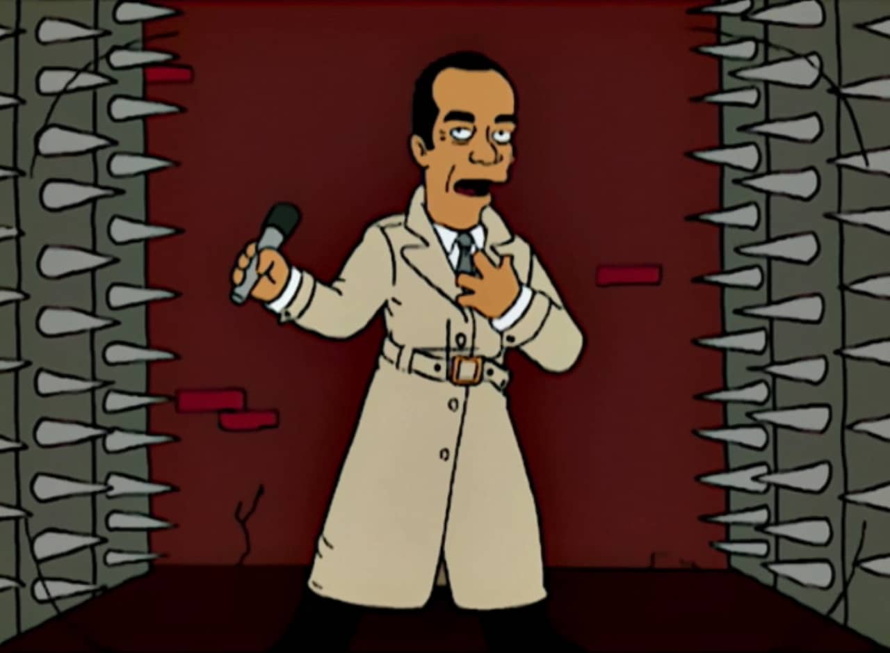 Lou Rawls in a trench coat, holding a microphone as spiked walls close in on him
