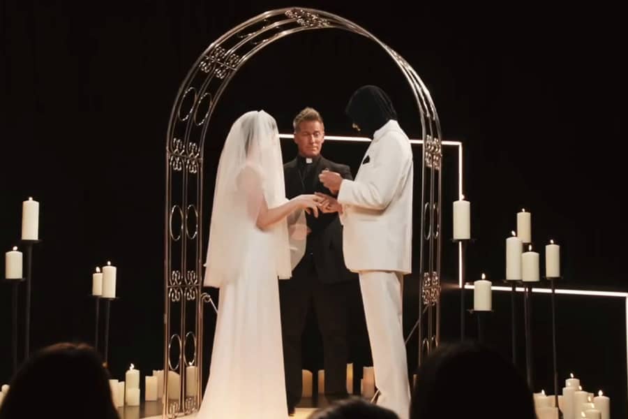 gold face mask getting married