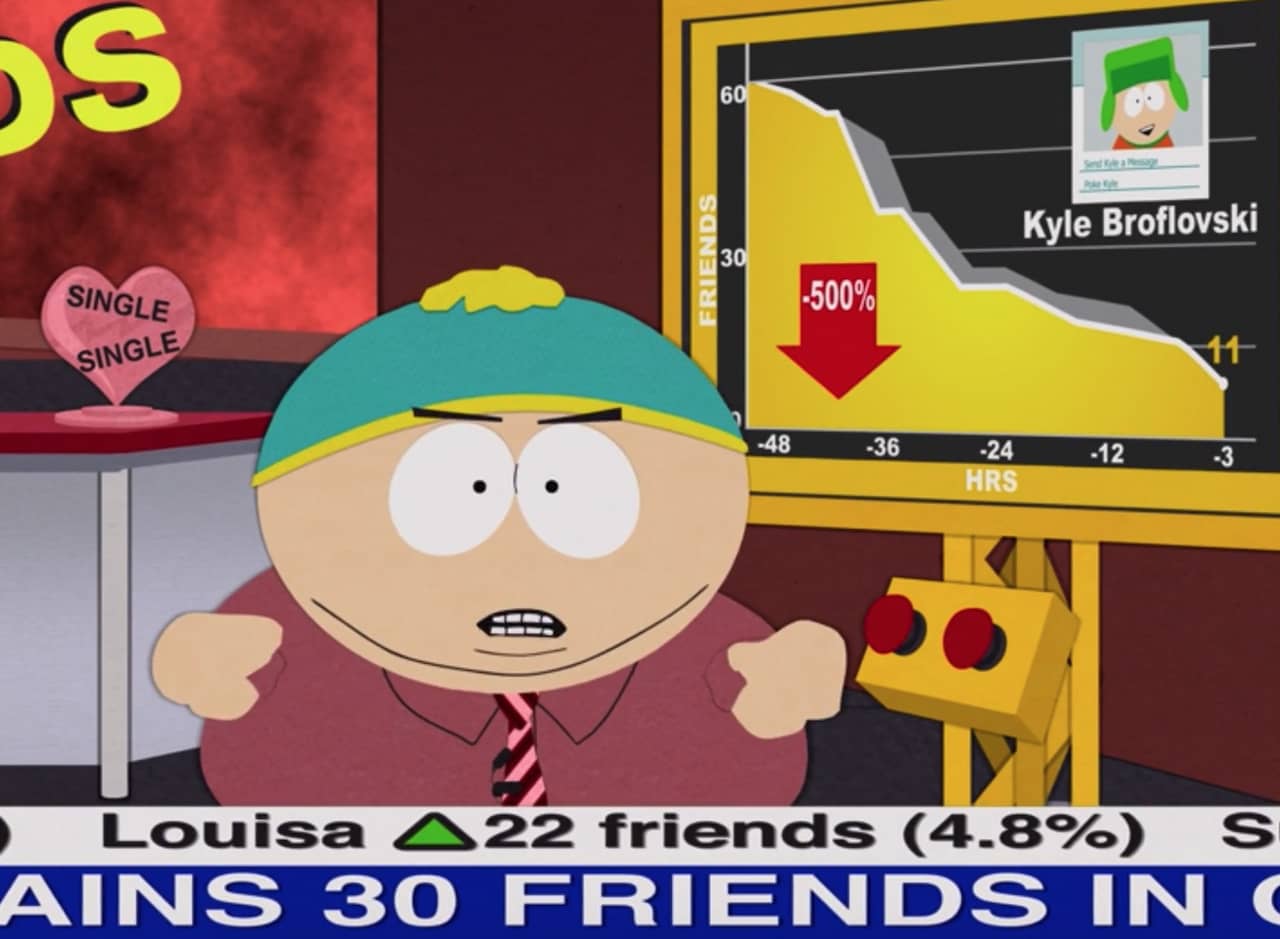 Eric Cartman surrounded by graphs and marquee chyrons with Facebook stats