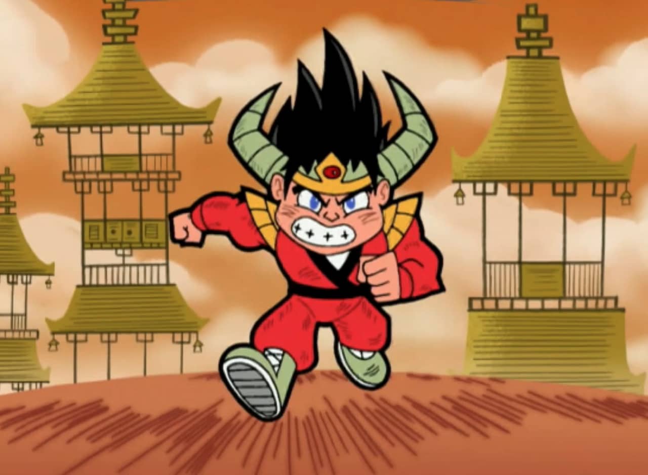 Japanese boy with horns running