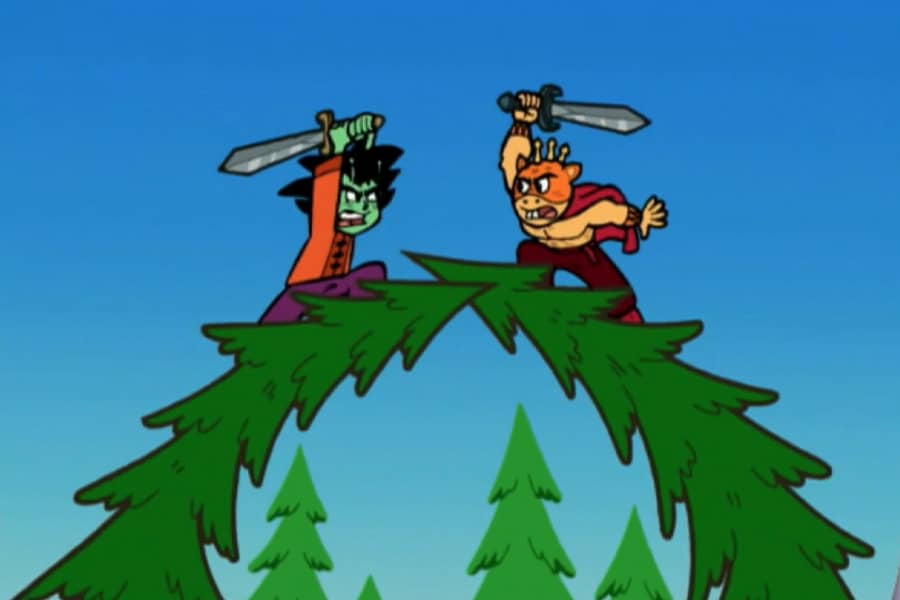two face off with swords at the top of tall pine trees