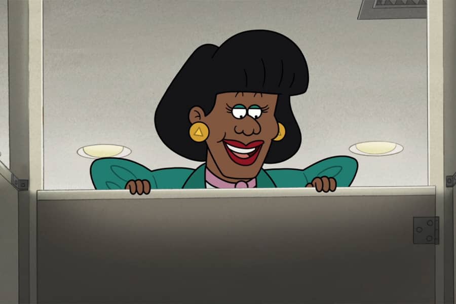 Joan boosted up and looking over the door of a restroom stall