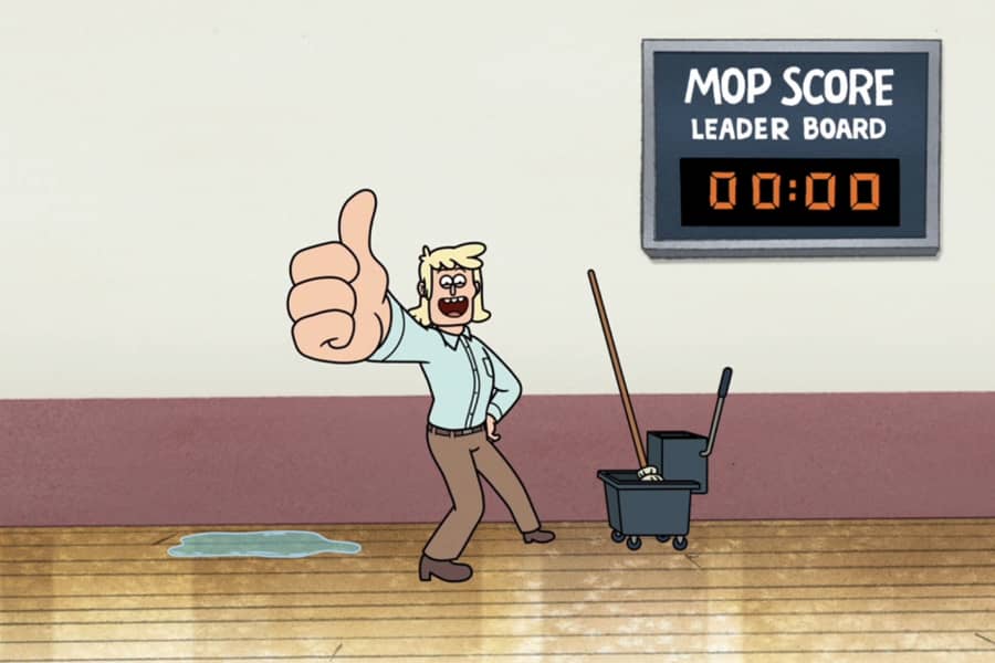 guy mopping a gym floor and giving a huge thumbs up