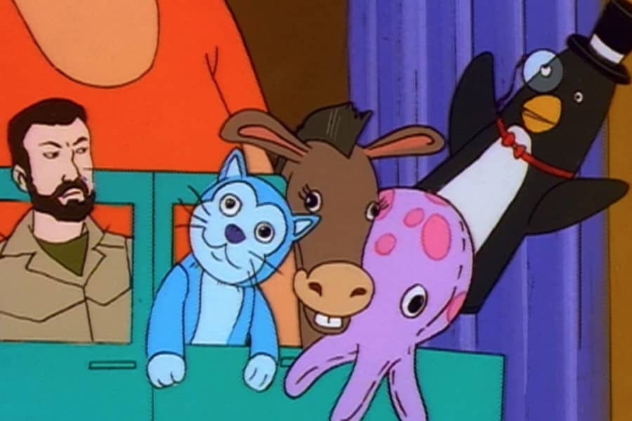 the animal puppets in the car