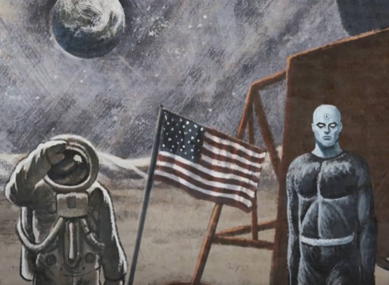 drawing of Dr. Manhattan on the moon with an American astronaut