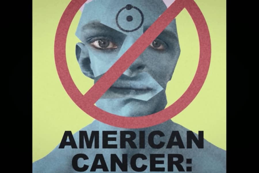 a collage-style portrait of Dr. Manhattan with his face crossed out and the text “American Cancer”