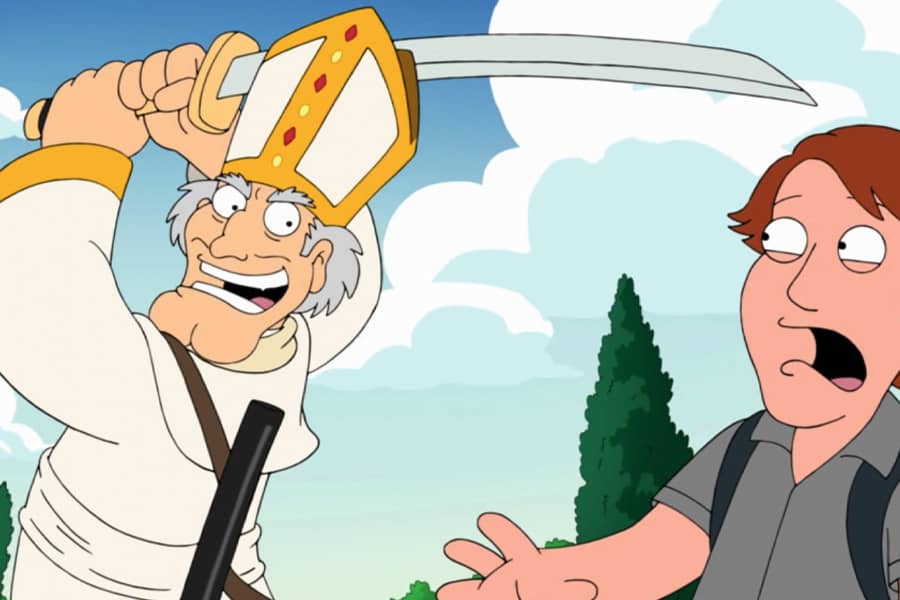 the Pope swining a sword at a screaming man