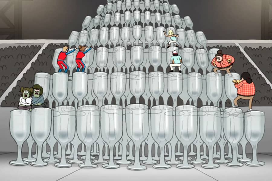 couples climb a tower of gigantic champagne flutes