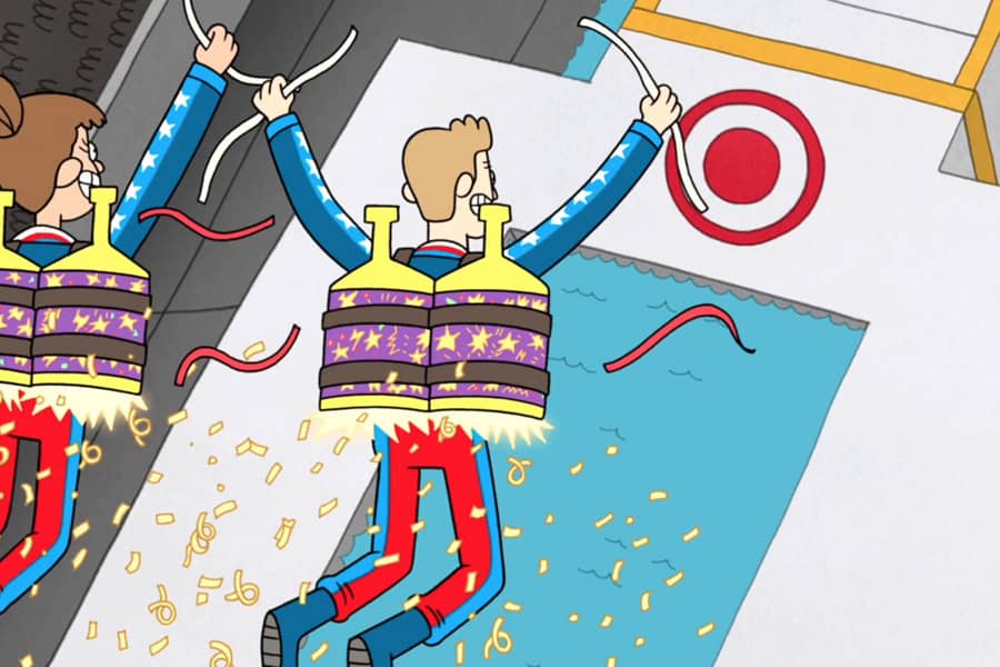 a couple falls through the air toward a big target on the ground