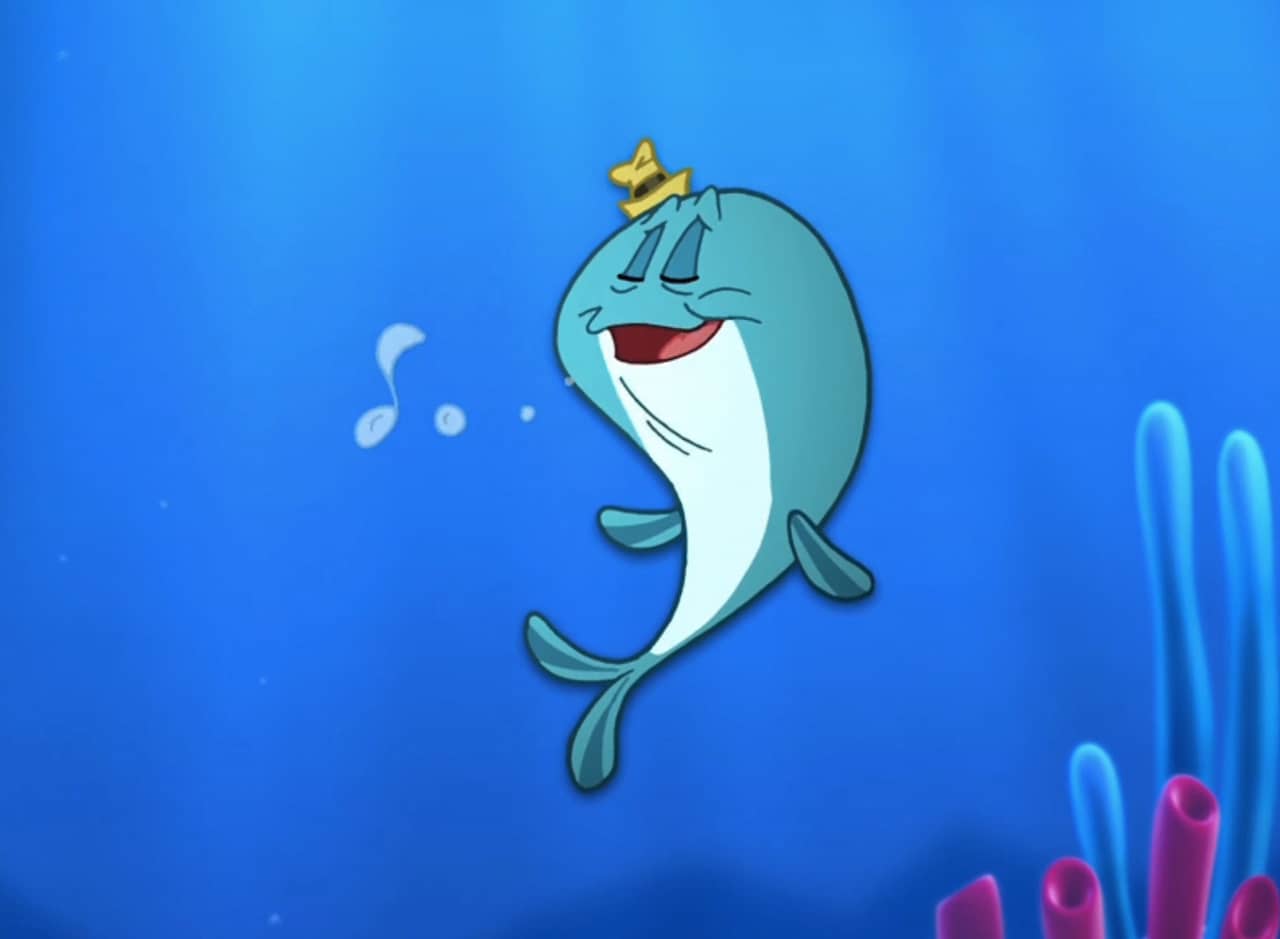 a traditional animated style whale wearing a hat and singing