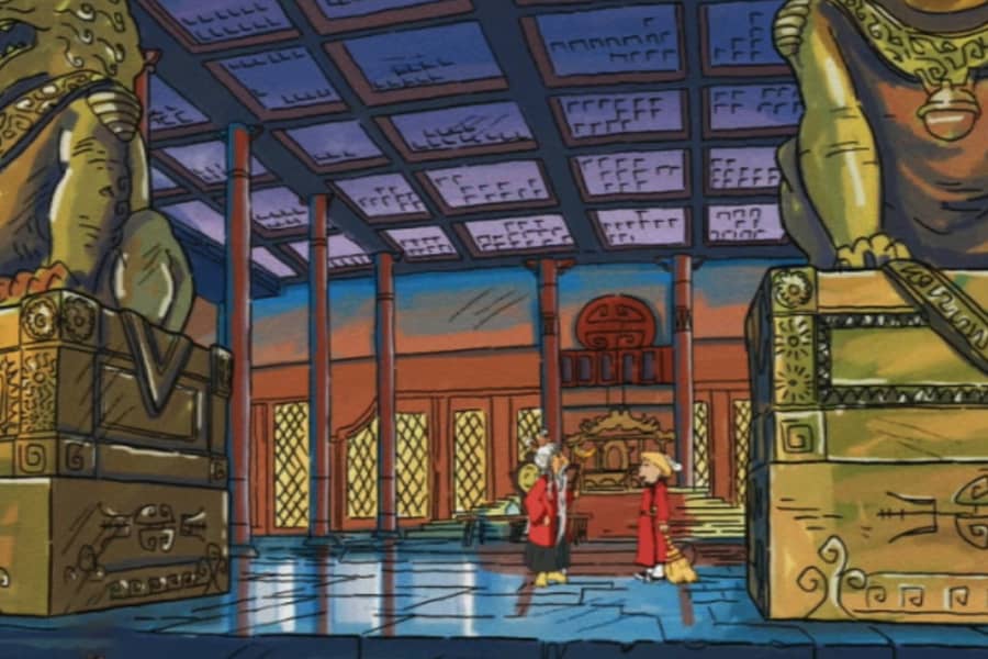 Master Wu speaks with an apprentice in a large hall