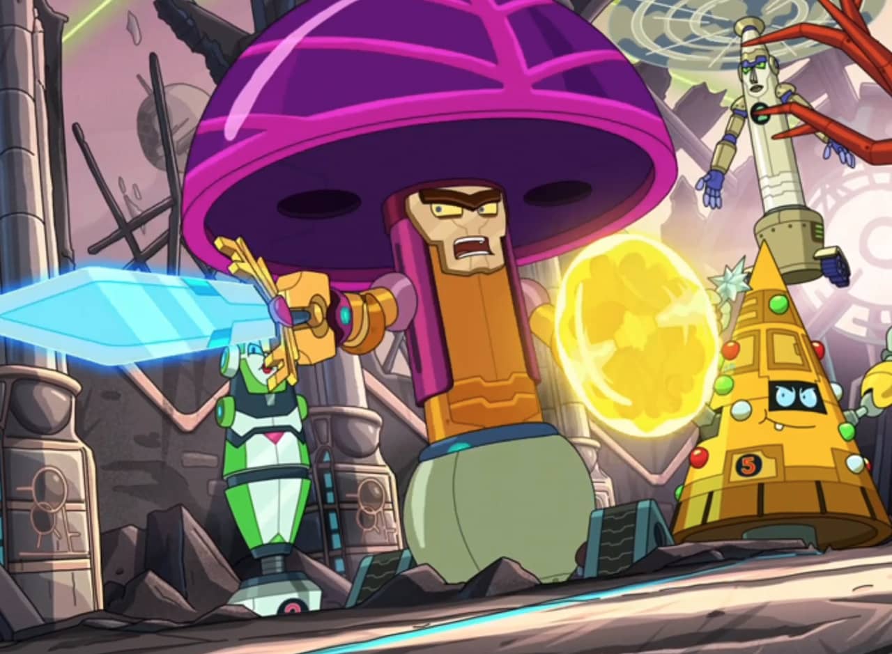 Arbor Knight pointing a sword with the Robo Trees behind