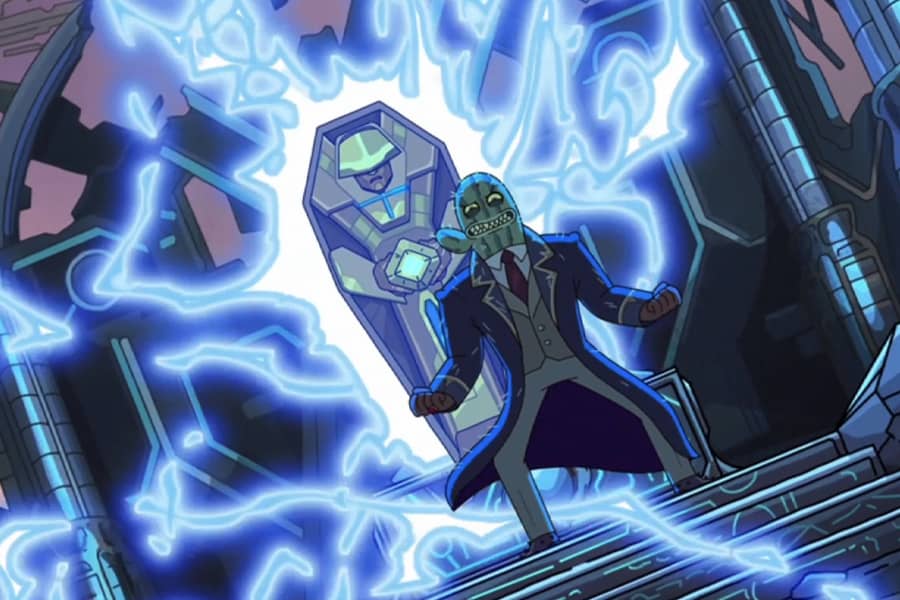 Baron Thistle in front of an electrified portal door