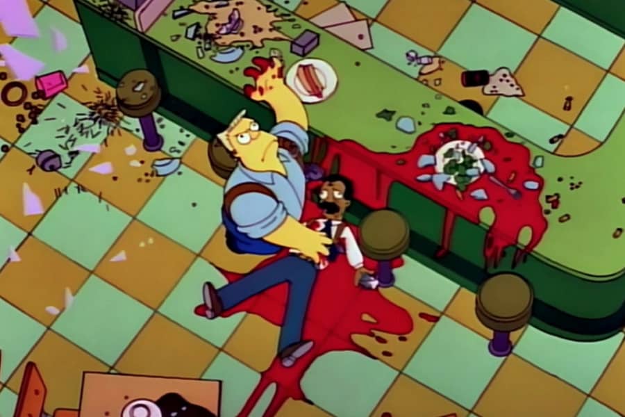 Scoey has been shot in a diner and McBain asks “Why?!” with a bloody hand to the sky