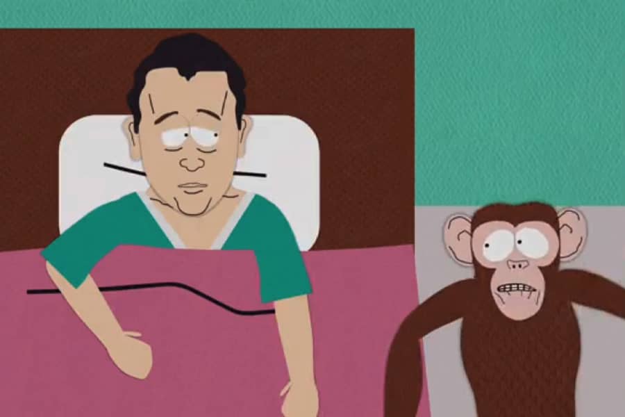 Hanks talking to the monkey