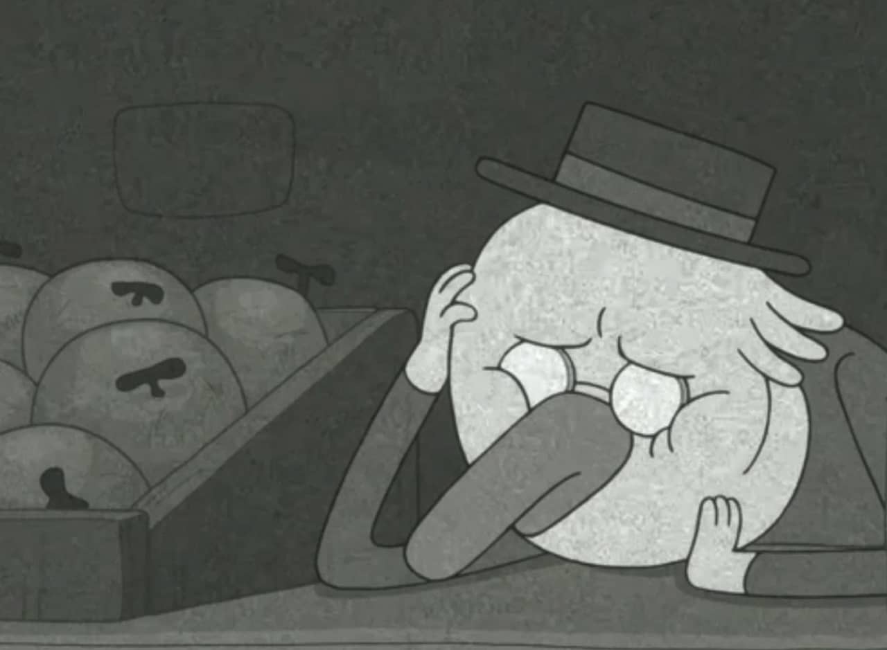 a depressed bird in a hat, manning a cart of melons