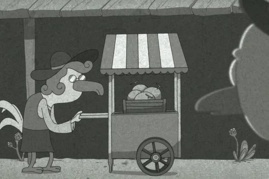 another bird, a woman, pulls up with a cart of melons