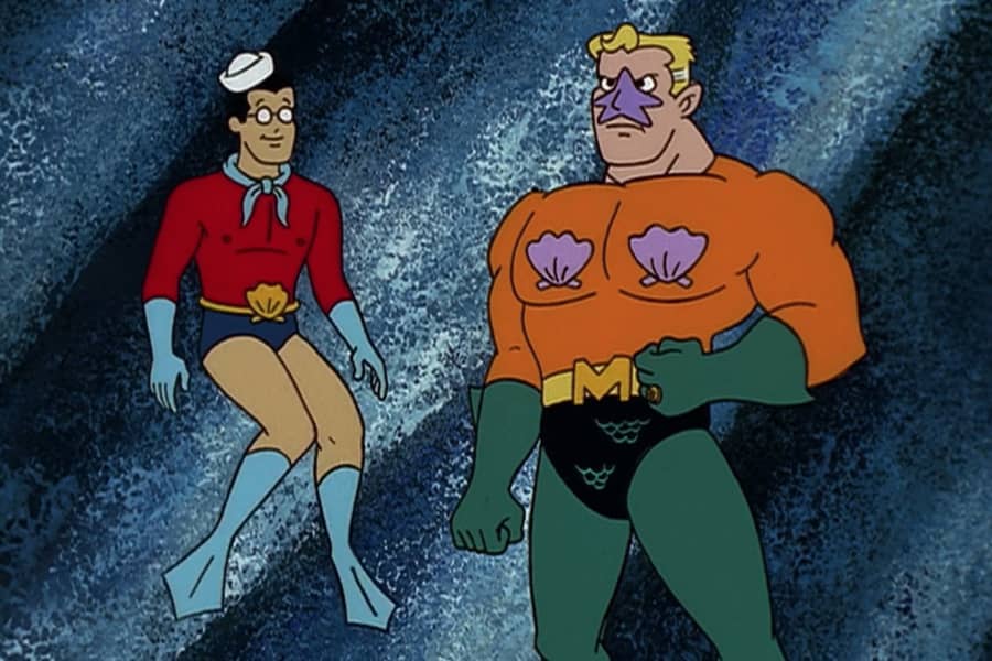 Mermaid Man and Barnacle Boy in a cave