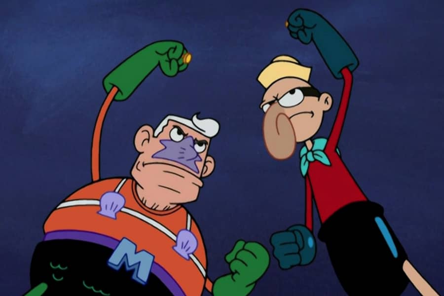 Mermaid Man and Barnacle Boy as older men, their appearances changed dramatically with age