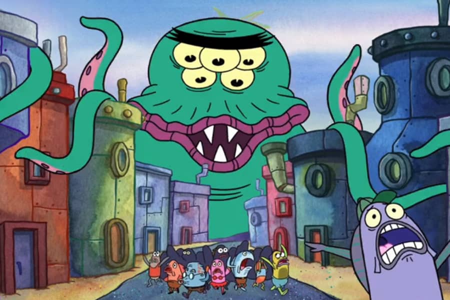 multi-eyed and armed monster attacking a city