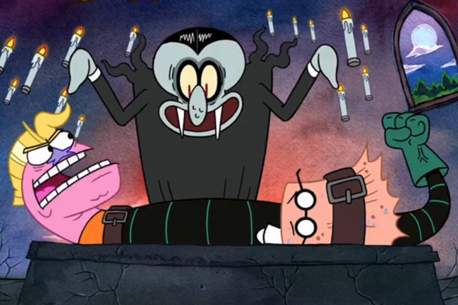 Mermaid Worm and Barnacle Barnacle strapped to a table by a vampire