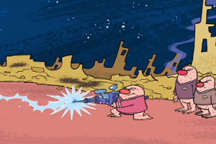 a Measle Mole shooting a laser gun on an alien planet