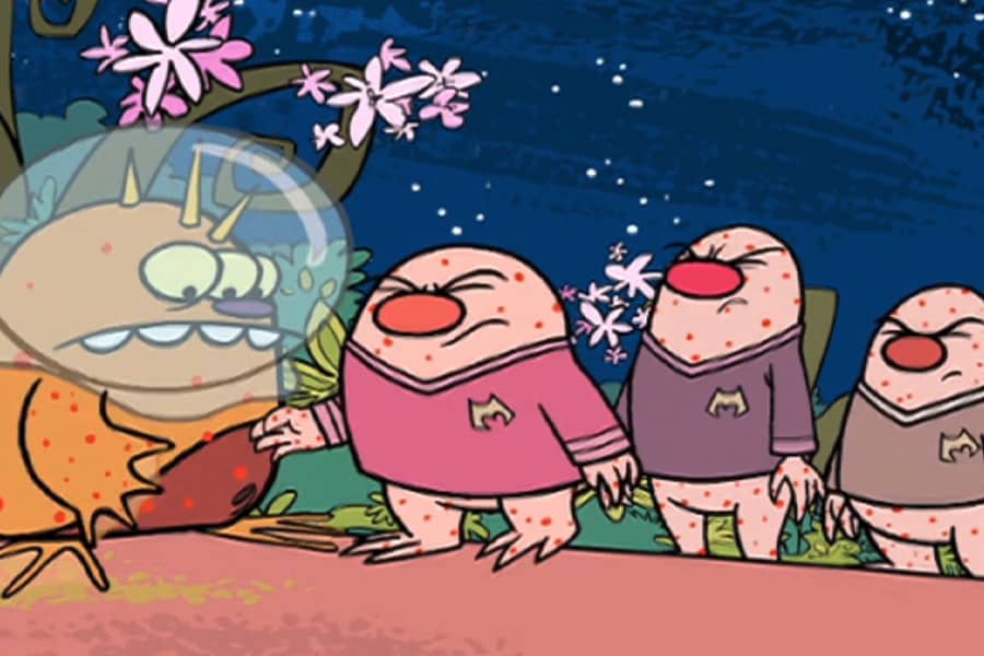 Measle Moles shaking the hand of an alien and giving it measles