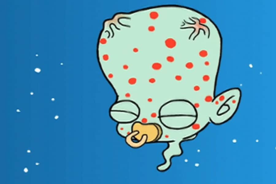 a big alien baby head sucking a pacifier with red spots on its skin