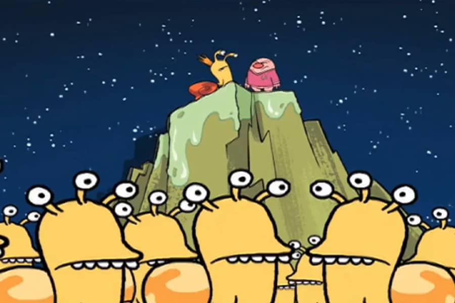 a Measle Mole stands atop a cliff with an alien and several aliens look up from below