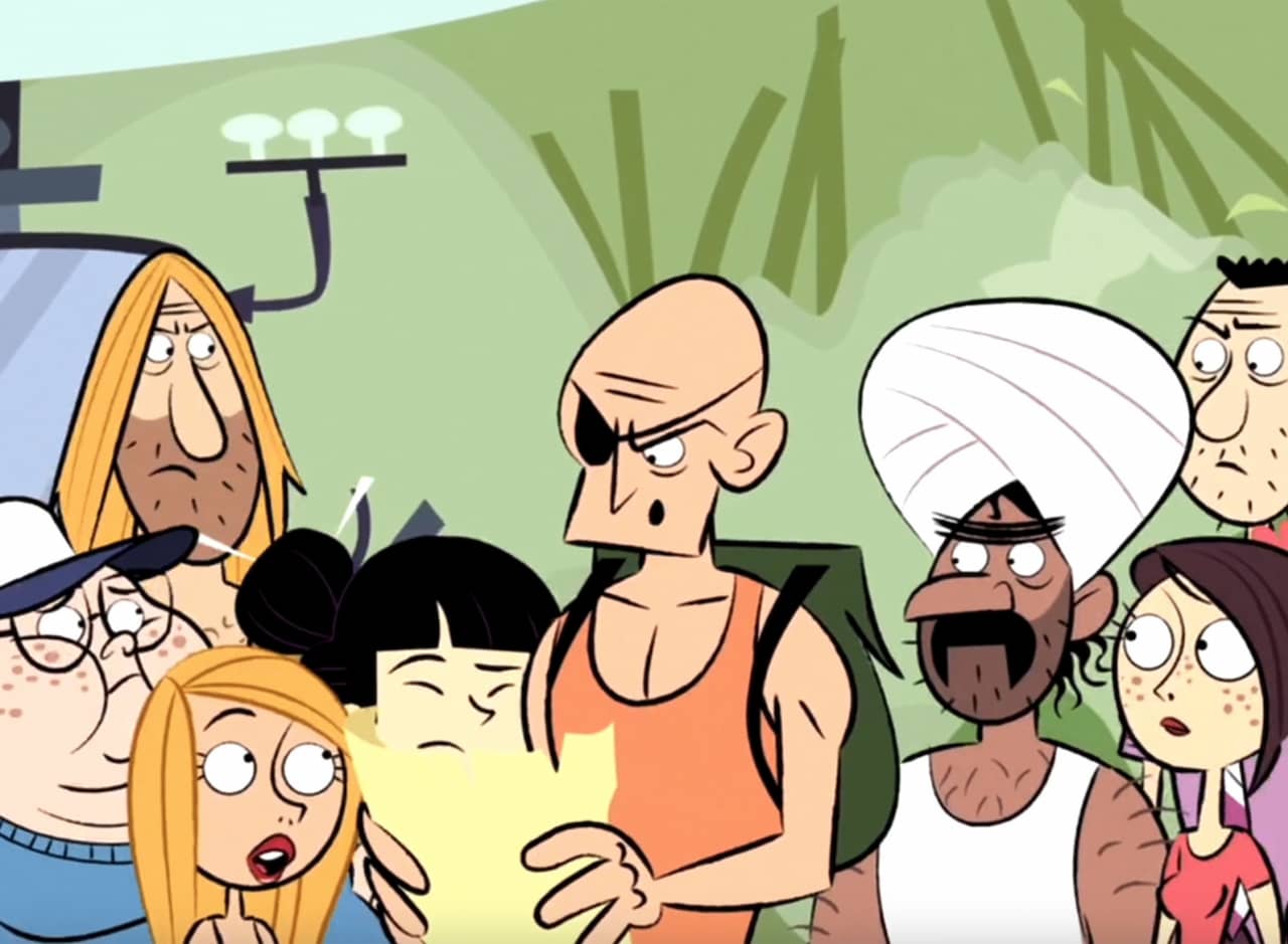 a diverse group of people listen to a bald man with an eye patch looking at a map