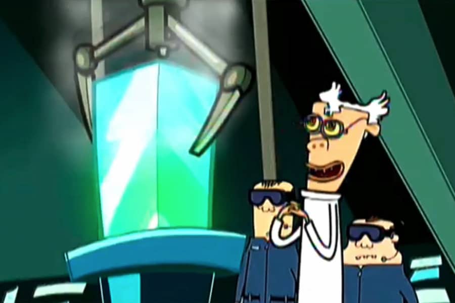 evil scientist putting a case over the test sample
