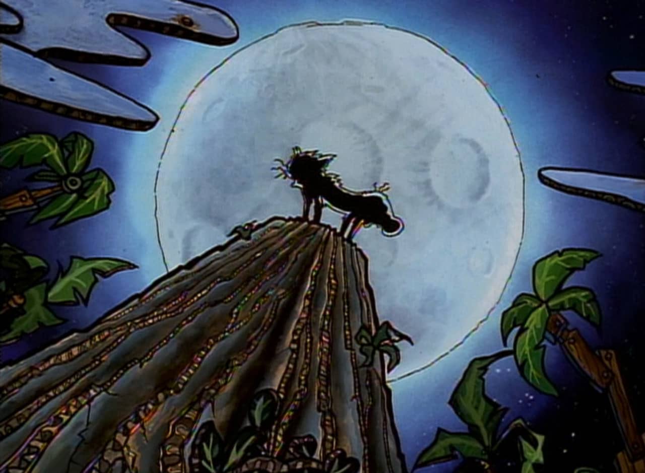 silhouette of CatDog against a full moon