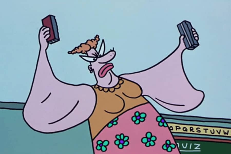 teacher clapping blackboard erasers, her upper arms flapping in the air