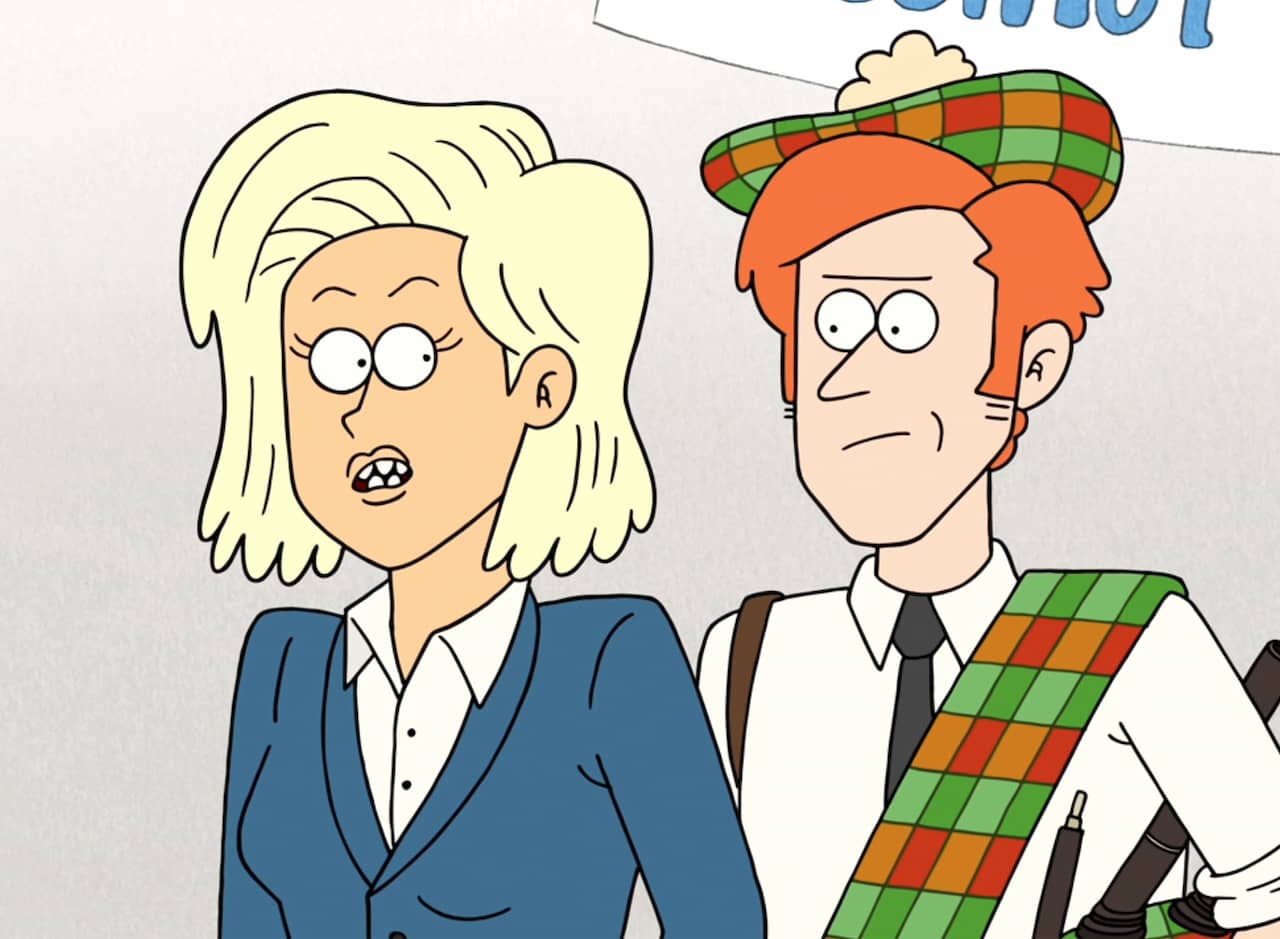 Morales, a blonde woman, with MacCreedy, a red-haird Scottish man in traditional garb