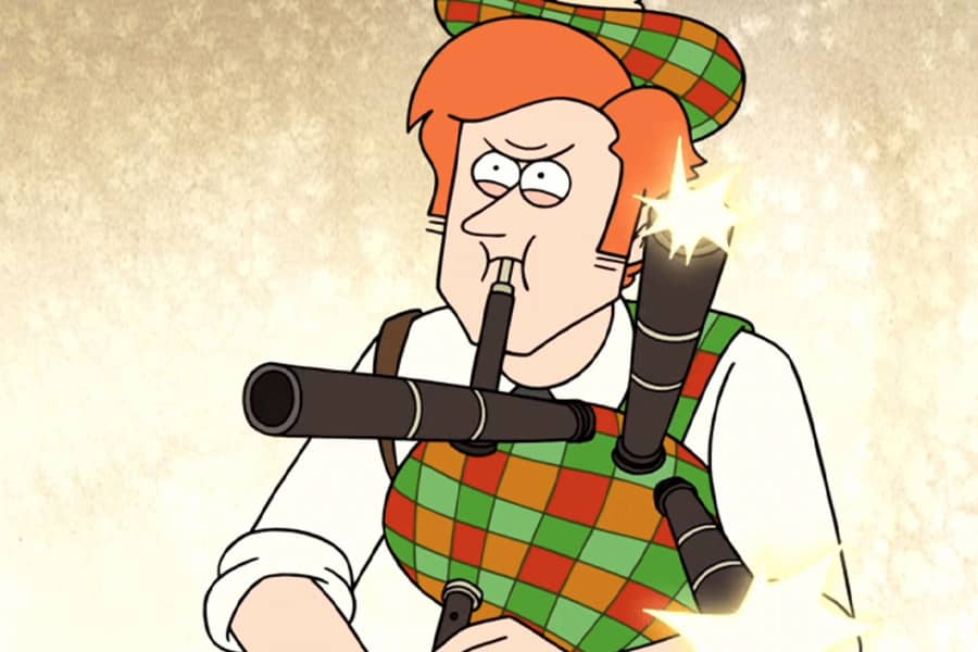 MacCreedy blowing bullets from a bagpipe